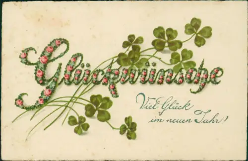 Neujahr Sylvester New Year Kleeblätter Schrift Weidenkätzchen 1932
