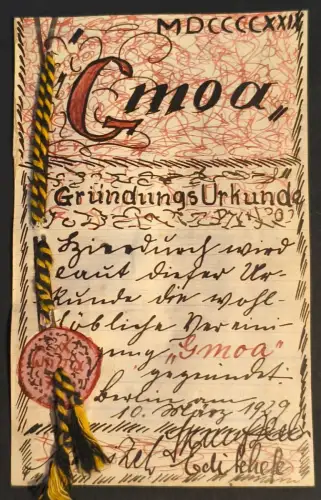 Künstlerkarte handgefertigt Gründungsurkunde Jung Gmoa 1929 Privatfoto