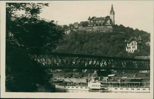 Aussig Ústí nad Labem Ferdinandshöhe mit Elbebrücke Dampfer Riesa 1935