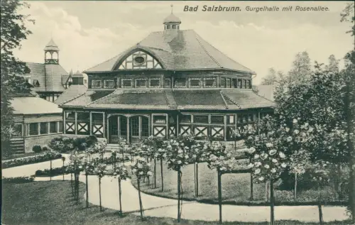 Postcard Bad Salzbrunn Szczawno-Zdrój Gurgelhalle mit Rosenallee. 1915