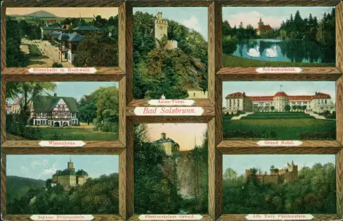 Bad Salzbrunn Szczawno-Zdrój Mehrbildkarte Effekt Holzrahmen 1914