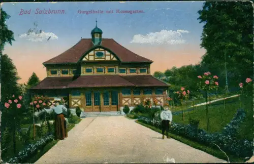 Postcard Bad Salzbrunn Szczawno-Zdrój Gurgelhalle mit Rosengarten. 1918