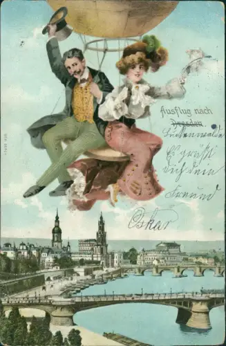 Ansichtskarte Dresden Heißluftballon mit Mann und Frau über der Stadt 1915