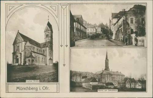 Ansichtskarte Münchberg 3 Bild Straße, Kirche u. Schulhaus 1921