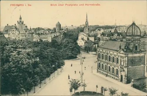 Ansichtskarte Freiberg (Sachsen) Blick über Postplatz und Hornstraße. 1915