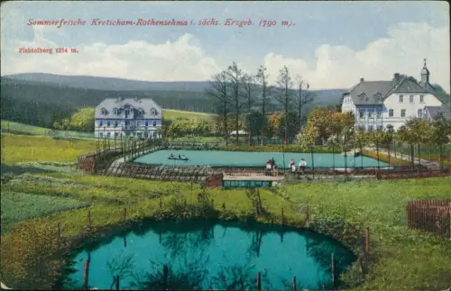Ansichtskarte Kretscham-Rothensehma-Neudorf (Erzgebirge) Schwimmbad Stadt 1916