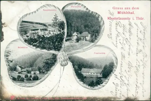 Mühltal Kleeblatt Lithographie Walkmühle. Naupoldsmühle. Pfarrmühle. 1907