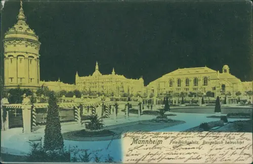 Ansichtskarte Mannheim Friedrichsplatz. Bengalisch beleuchtet 1905