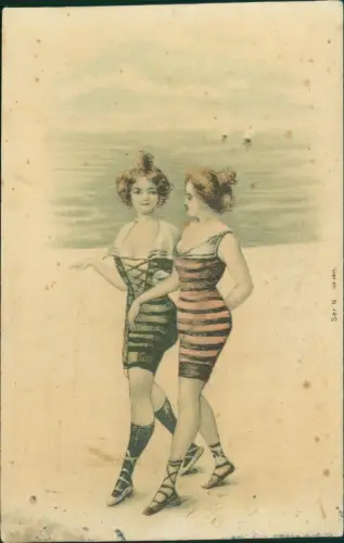 Ansichtskarte  Frauen am Strand im Badeanzug Künstlerkarte 1912
