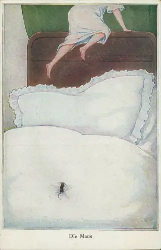 Ansichtskarte  Scherzkarte Maus auf dem Bett Frau flüchtig 1912