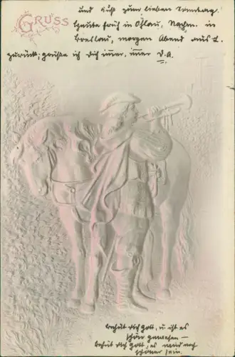 Ansichtskarte  Künstlerkarte Trompeter und Pferd 1903 Prägekarte Stempel Brieg