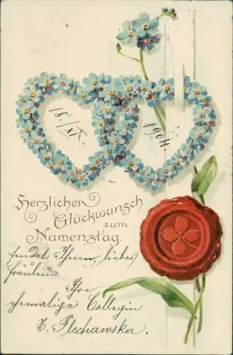 Veilchenherzen Geburtstag Birthday Glückssiegel 1911 Prägekarte