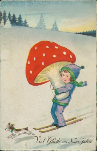 Neujahr Sylvester New Year Hund Junge auf Ski mit Riesenfliegenpilz 1931