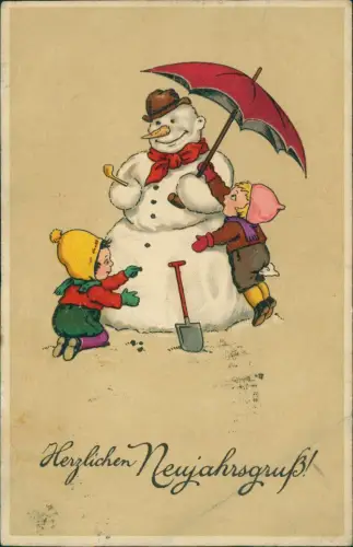 Neujahr Sylvester New Year Kinder bauen Schneemann Künstlerkarte 1913