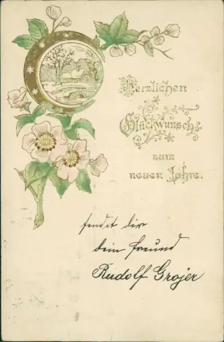 Neujahr Sylvester New Year goldener Halbmond Blumen 1899 Goldprägung