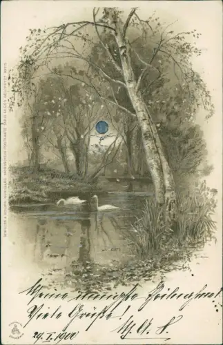 Ansichtskarte  Künstlerkarte Birke Schwan Silbermond 1900 Silber Luna