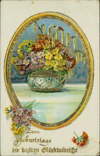 Ansichtskarte  Geburtstag Birthday Blumen Vase Goldrahmen 1930 Goldprägung