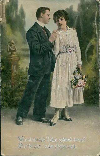 Liebe Liebespaar Love Mann und Frau mit Rosen 1920 Silberprägung