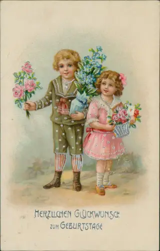 Ansichtskarte  Geburtstag Birthday Kinder mit Blumen 1918 Silberprägung