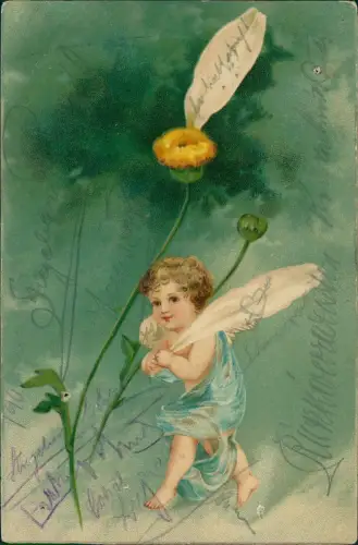 Künstlerkarte Engel Angel mit Blütenblatt vor Blume 1913 Prägekarte