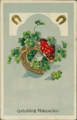 Neujahr Sylvester New Year Goldhufeisen Glücksklee Fliegenpilz 1922 Goldprägung