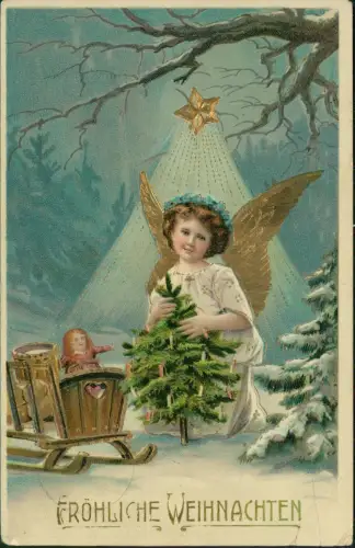 Ansichtskarte  Weihnachten Christmas Engel Goldflügel Christkind 1912 Gold
