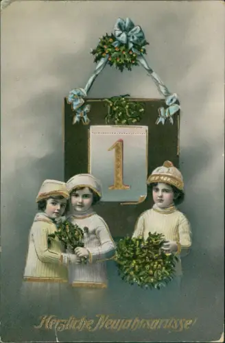 Neujahr Sylvester New Year Kinder vor Kalenderblatt 1 Gold 1915 Gold