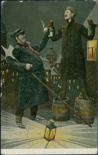 Scherzkarten: Alkohol, Trinkerei Mann und Nachtmeister mit Sekt 1912