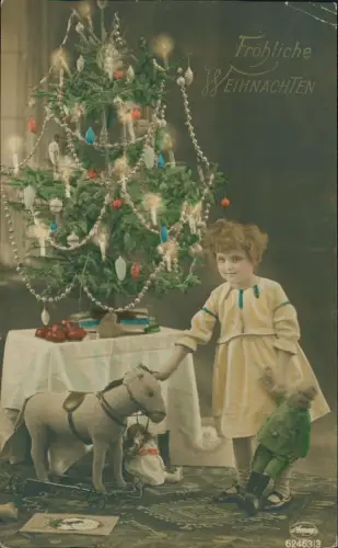 Weihnachten Christmas Mädchen Weihnachtsbaum colorierte Fotokarte 1913