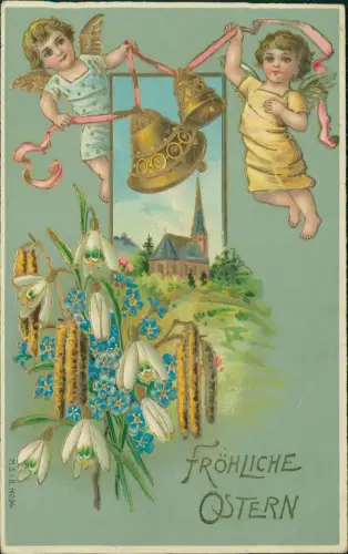 Ansichtskarte  Ostern Easter Blumen Engel mit Glocke über Kirche 1909 Gold