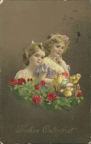 Ansichtskarte  Ostern Easter Mädchen Küken und Rosen Künstlerkarte 1915
