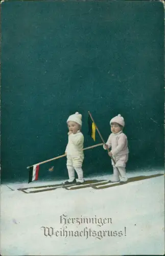 Ansichtskarte  Weihnachten Christmas Patriotika Flaggen Kinder auf Ski 1915