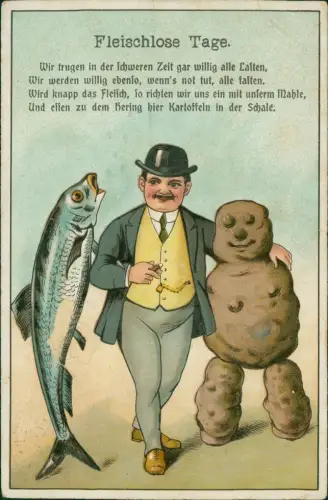 Scherzkarte Fleischlose Tage. Mann mit Melone Fisch Kartoffel 1913
