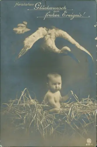 Ansichtskarte  Glückwunsch Geburt eines Kindes Storch Baby Fotokunst 1916