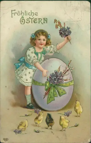 Ansichtskarte  Ostern Easter Mädechen Osterei und Küken Goldrand 1913