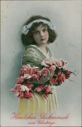Ansichtskarte  Geburtstag Birthday Mädchen mit Rosen 1913 Silberprägung