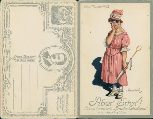 Ansichtskarte  Scherzkarte Emelkarte Aber Ernst Frau mit Teppichklopfer 1915