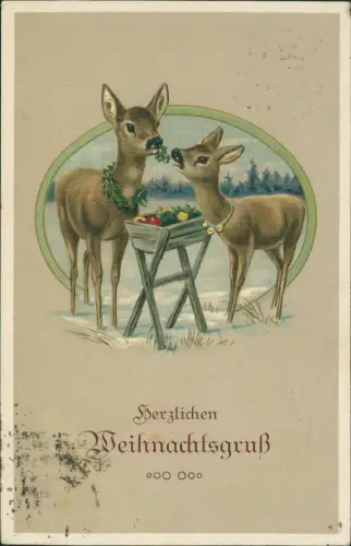 Ansichtskarte  Weihnachten Christmas Reh Rehkitze beim futtern 1913
