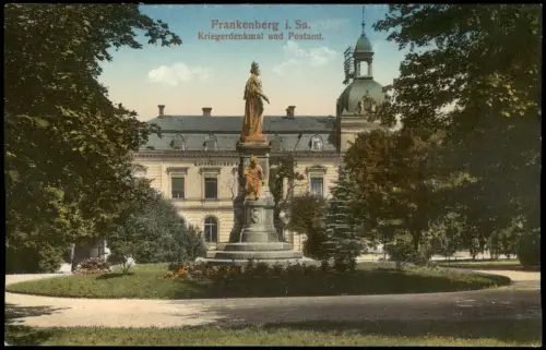 Ansichtskarte Frankenberg (Sachsen) Kriegerdenkmal und Postamt. 1915