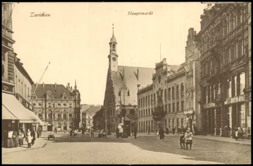 Ansichtskarte Zwickau Hauptmarkt Geschäfte 1915