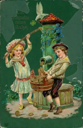 Neujahr Sylvester New Year Goldstücke aus Pumpbrunnen Kinder 1913 Gold