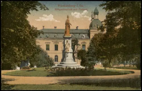 Ansichtskarte Frankenberg (Sachsen) Kriegerdenkmal und Postamt. 1915