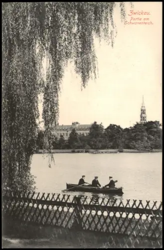 Ansichtskarte Zwickau Partie am Schwanenteich Studenten beim rudern 1915