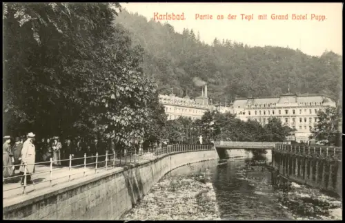 Karlsbad Karlovy Vary Partie an der Tepl mit Grand Hotel Pupp. 1909