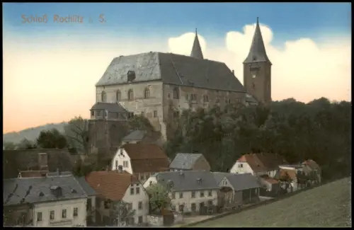 Ansichtskarte Rochlitz Stadtpartie Häuser und Schloß colorierte Ak 1909