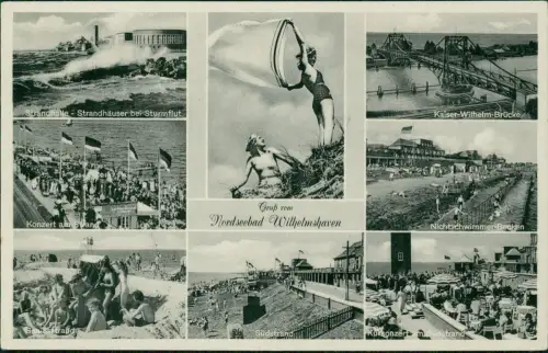 Ansichtskarte Wilhelmshaven Strandhalle, Frauen im Badeanzug, Strand 1959