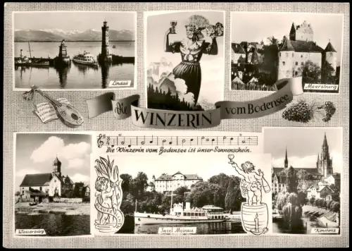 Ansichtskarte Meersburg Mehrbildkarte Bodensee mit Winzerin und Liedtext 1966