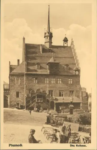 Ansichtskarte Pößneck Partie am Rathaus, Verkäufer davor 1920