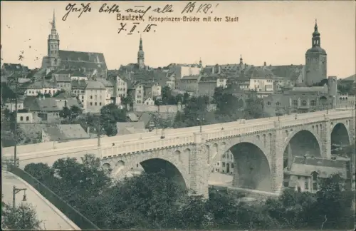Ansichtskarte Bautzen Budyšin Kronprinzenbrücke 1915  Bahnpoststempel Zug 276