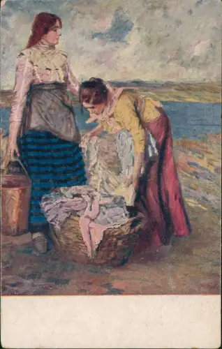 Ansichtskarte  Künstlerkarte B. Vörös "Wäscherinnen" 1912 rotem K.u.K-Stempel